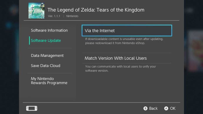 zelda totk manual version update menu