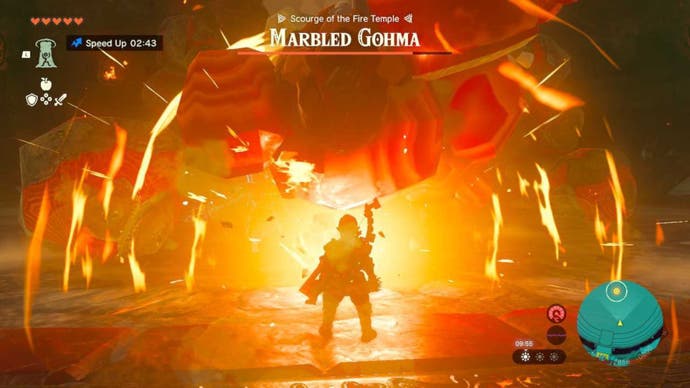 Zelda Totk, Link mit einem explodierenden Felsbrocken, während er gegen Marmord Gohma kämpfte
