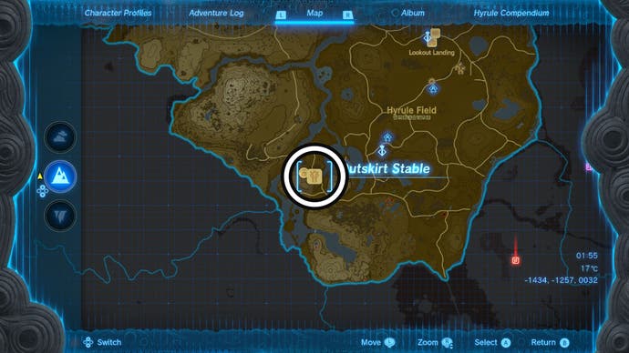 Map showing the location of the Outskirt Stable in Central Hyrule.