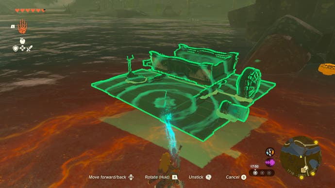 Link trying to create a makeshift raft in The Legend of Zelda: Tears of the Kingdom.
