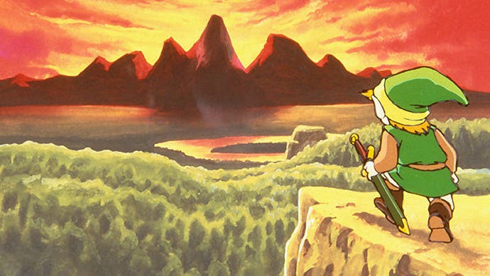 一个古老的塞尔达冒险的画面。林克站在悬崖的悬崖上，俯瞰着地平线上的森林和山脉，落日在山后落山，将景色沐浴在橙红色之中。我希望他不会绊倒!
