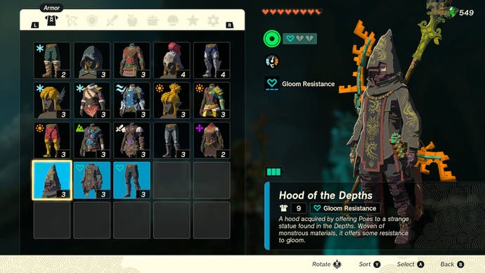 An armor menu screen in Tears of the Kingdom showing all three pieces of Gloom-resistant armor in a player's inventory.