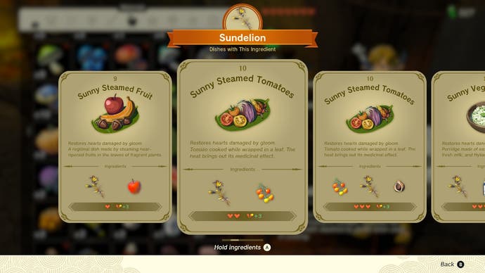 Recipes for different Sunny food players can cook in The Legend of Zelda: Tears of the Kindgom.