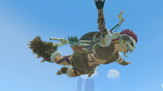 Link skydiving while wearing the Barbarian Armor in The Legend of Zelda: Tears of the Kingdom.