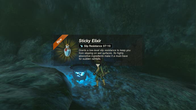 Link creating a Sticky Elixir while exploring the Ploymous Mountain Cave.
