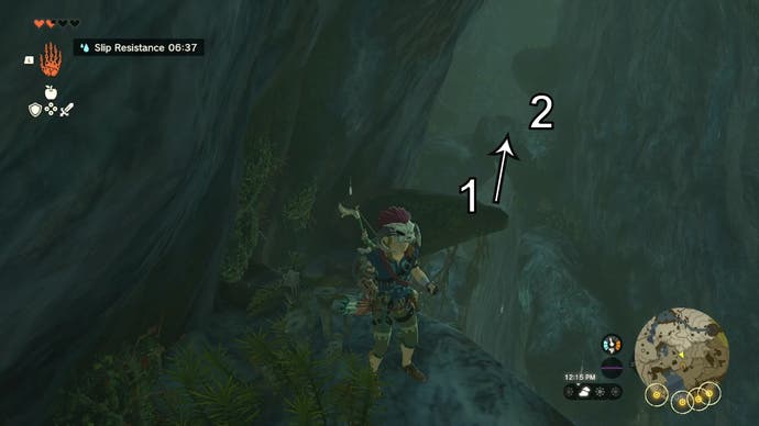 Link standing on a tall rock, with numbers and an arrow showing our recommended route to travel through the Ploymous Mountain Cave.