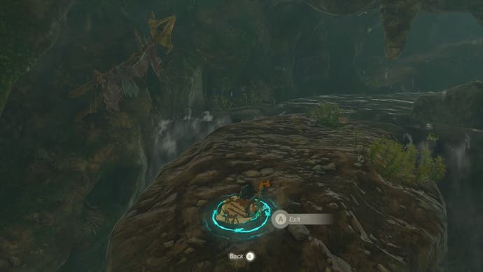 Link using the Ascend ability to get to a higher level in the North Hyrule Plain Cave in Tears of the Kingdom.