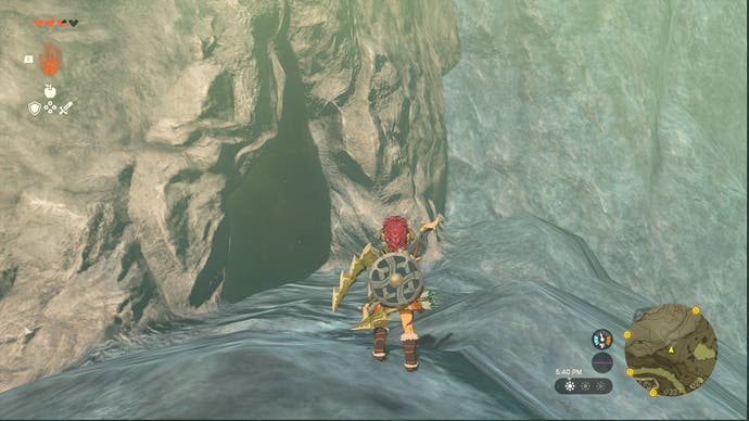 Link approaching the entrance to the Upland Zorana Byroad cave in Tears of the Kingdom.