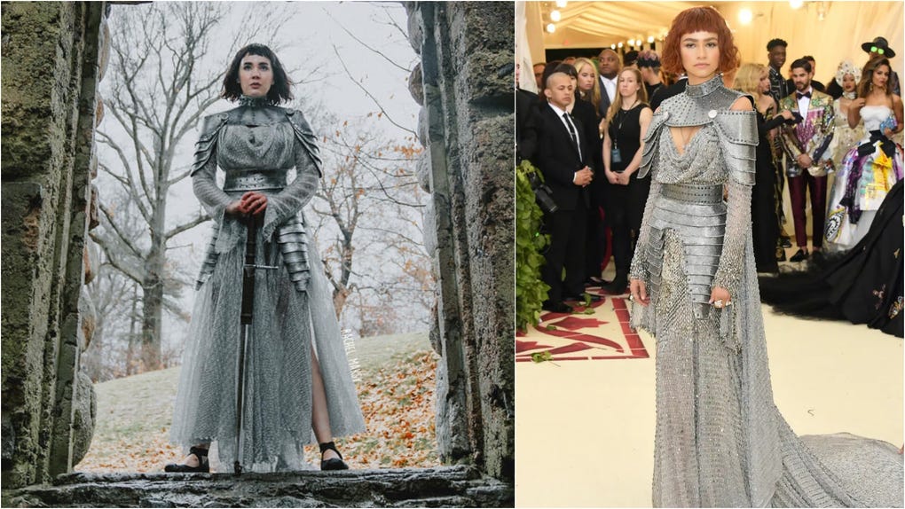 Rachel Maksy (left) wearing her recreated Joan of Arc dress that was worn by Zendaya at the 2018 Met Gala (right)