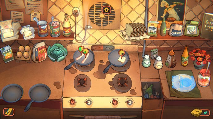 Der Spieler absolviert ein Minispiel, in dem er in der Café-Management-Simulation „Zip's Cafe“ Bratpfannen voller Essen kocht.