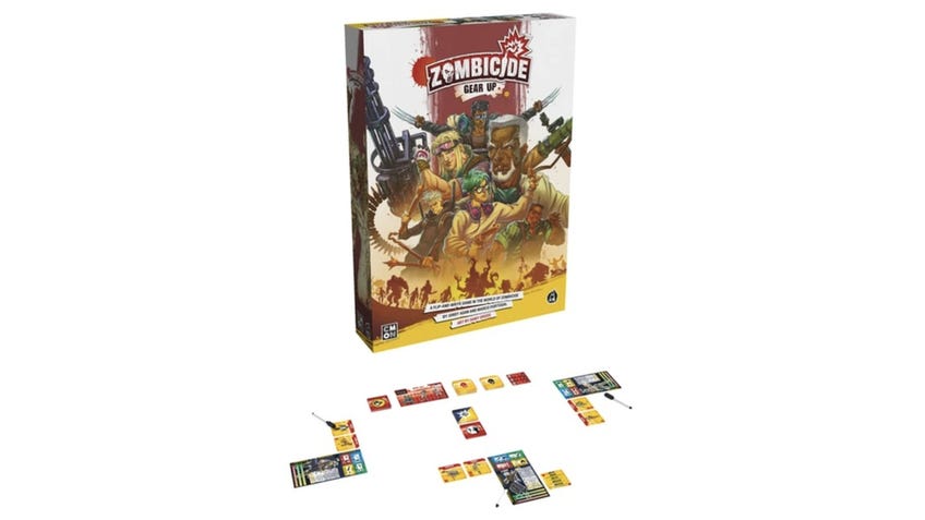 An image of the box and components for Zombicide: Gear Up.