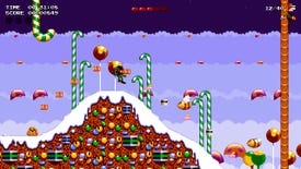 A screenshot of Zool Redimensioned showing ninja Zool leaping over a snow-topped mountain of sweets while angry bees and blobs look on.