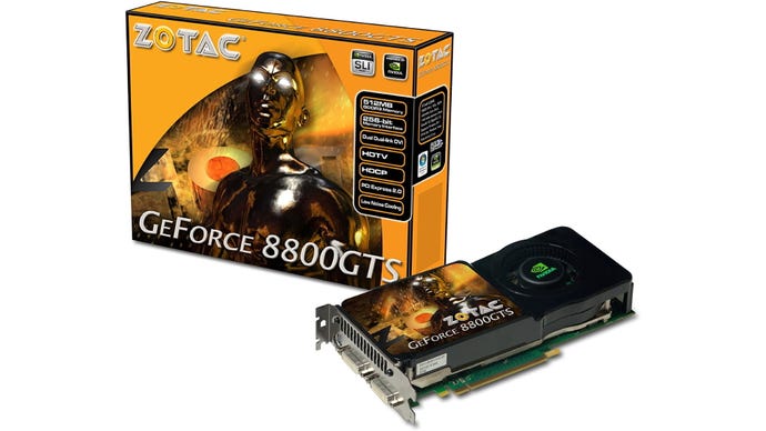 A graphics card box for Zotac's GeForce 8800GTS showing a gold man with glowing white eyes